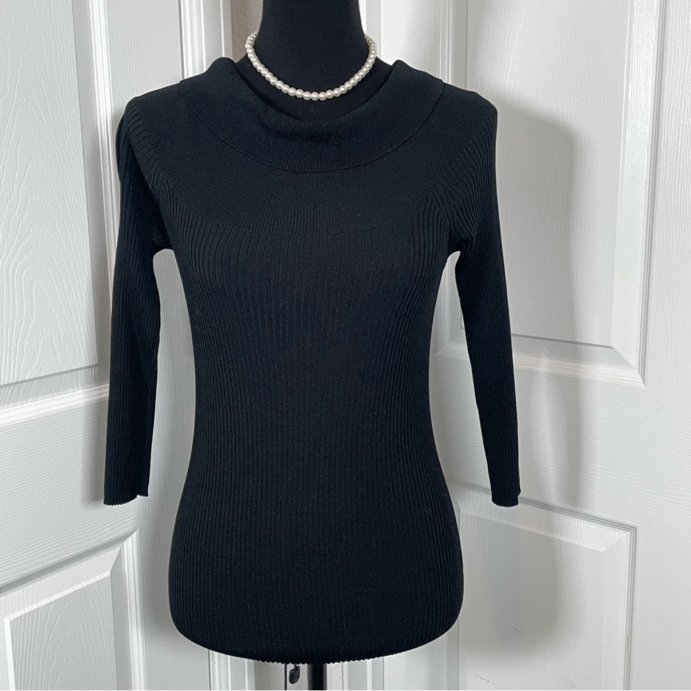White House Black Market Black Ribbed Cowl Neck Knit Top Size M